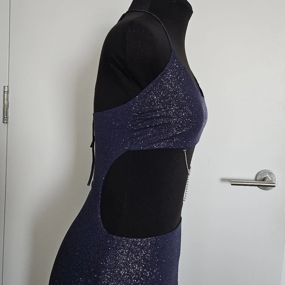 Lucy In The Sky Midnight Blue Sparkly Cutout Maxi Dress With Rhinestone Chain - Picture 8 of 11